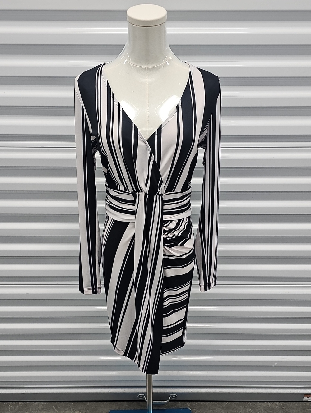 VENUS Black and White Striped Long Sleeve Wrap Dress